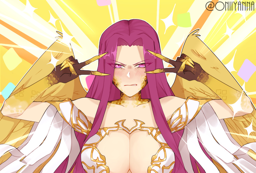 1girl artist_name bangs bare_shoulders blush breasts bustier claws cleavage cleavage_cutout clenched_teeth collarbone confetti double_v emotional_engine_-_full_drive fate/grand_order fate_(series) forehead gorgon_(fate) hands_up large_breasts long_hair looking_at_viewer monster_girl oniyanna parody parted_bangs purple_eyes purple_hair rider scales slit_pupils solo sparkle teeth v very_long_hair wings yellow_background