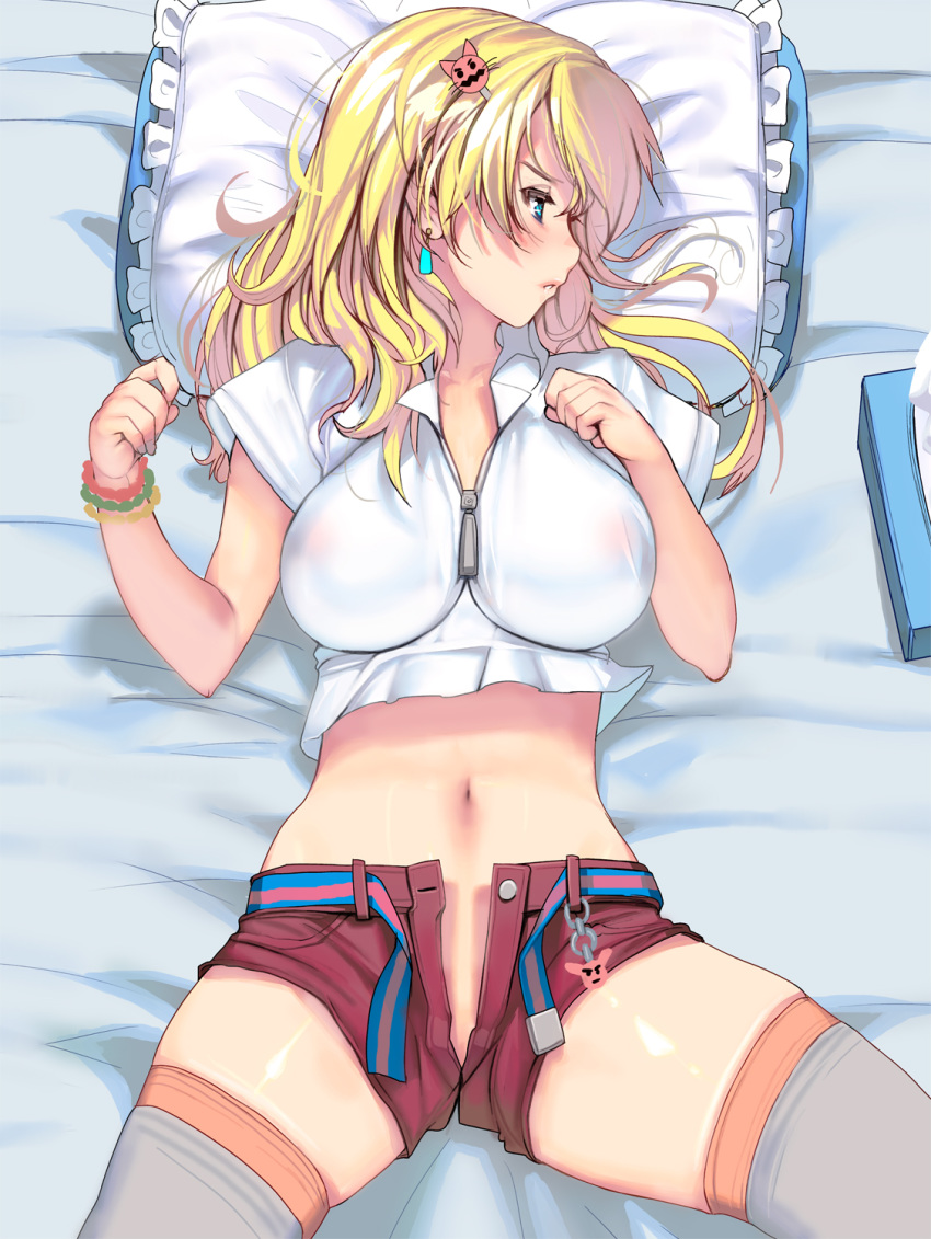 1girl belt blonde_hair blue_eyes bracelet breasts cat_hair_ornament curvy earrings grey_legwear hair_ornament highres jewelry large_breasts long_hair looking_away lying masao on_back open_fly original pillow pink_legwear plump red_shorts revision shirt shorts skindentation solo thighhighs tissue_box white_shirt zipper