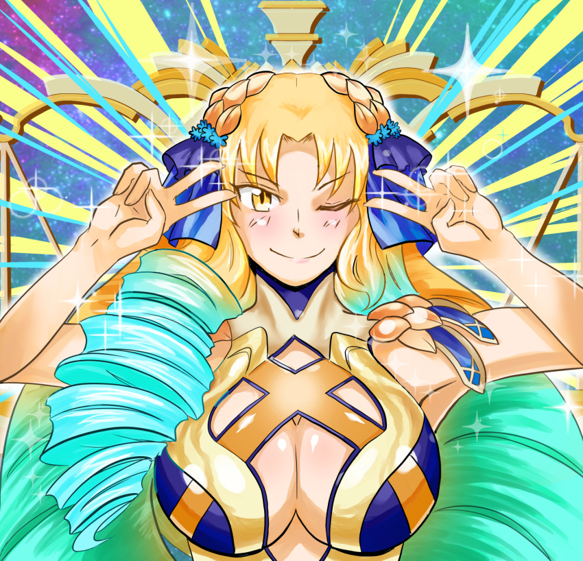 1girl aqua_hair astraea_(fate/grand_order) balance_scale bangs bare_shoulders big_hair blonde_hair blue_background blue_dress blue_ribbon blush breasts center_opening cleavage closed_mouth double_v dress drill_hair emotional_engine_-_full_drive fate/grand_order fate_(series) gradient_hair hair_ornament hair_ribbon hands_up highres hunter556 large_breasts long_hair looking_at_viewer luviagelita_edelfelt multicolored_hair parody parted_bangs quad_drills ribbon smile solo sparkle striped striped_background two-tone_dress v very_long_hair weighing_scale yellow_background yellow_dress yellow_eyes