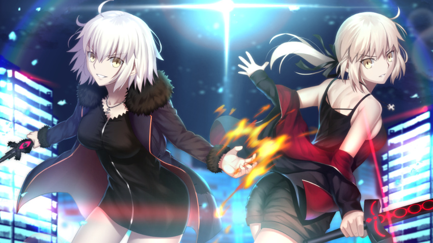 2girls artoria_pendragon_(all) bangs bare_shoulders black_camisole black_dress black_jacket black_shorts blue_jacket breasts brown_eyes camisole commentary_request dark_excalibur dress eyebrows_visible_through_hair fate/grand_order fate/stay_night fate_(series) fur-trimmed_jacket fur-trimmed_sleeves fur_trim hair_between_eyes holding holding_sword holding_weapon jacket jeanne_d'arc_(alter)_(fate) jeanne_d'arc_(fate)_(all) jet_black_king_of_knights_ver._shinjuku_1999 light_brown_hair long_hair long_sleeves looking_at_viewer looking_back low_ponytail medium_breasts mishiro0229 multiple_girls open_clothes open_jacket parted_lips ponytail saber_alter short_shorts shorts sleeves_past_wrists smile sword v-shaped_eyebrows weapon white_hair wicked_dragon_witch_ver._shinjuku_1999