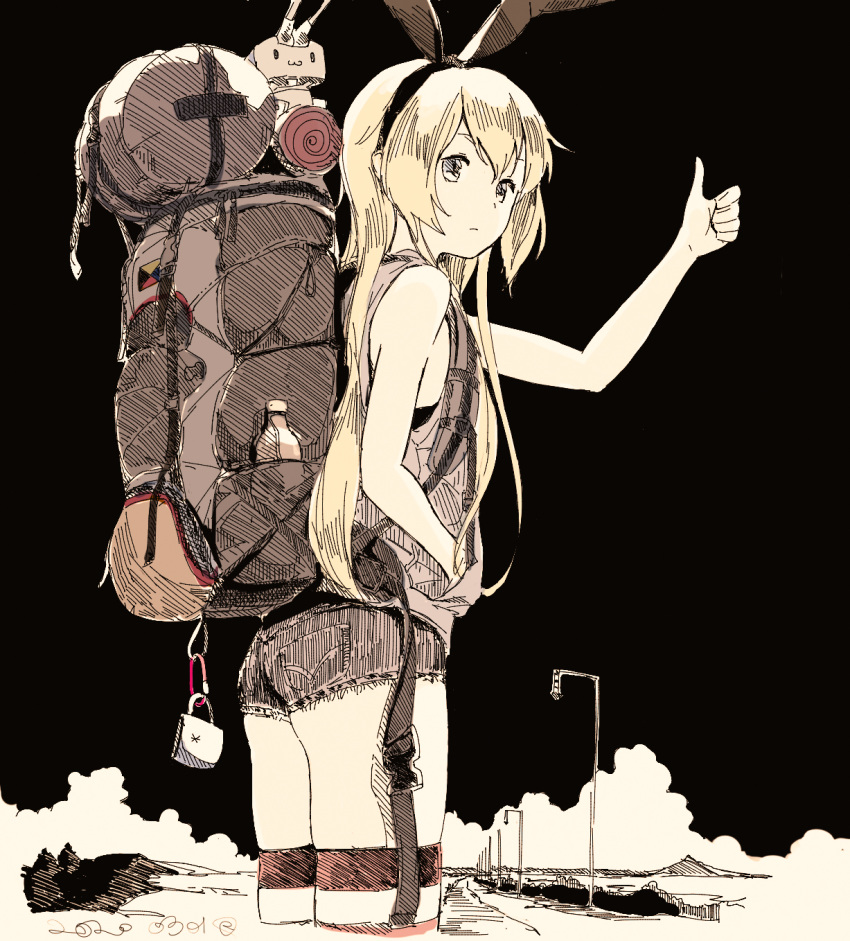 1girl alternate_costume backpack bag bangs bottle closed_mouth cloud dated denim denim_shorts hairband hand_in_pocket highres hitchhiking kantai_collection kokudou_juunigou long_hair outdoors rensouhou-chan shimakaze_(kantai_collection) shorts sleeveless solo striped striped_legwear thighhighs thumbs_up water_bottle