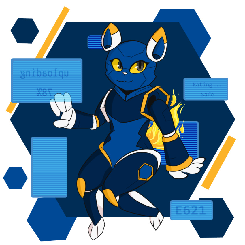 1:1 alpha_channel ambiguous_gender android anthro ayetae-plum blue_body domestic_cat e621 english_text esix felid feline felis hi_res looking_at_viewer machine mammal mascot robot simple_background smile solo text transparent_background yellow_eyes