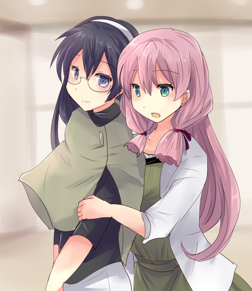 2girls :d akashi_(kantai_collection) alternate_costume black_hair black_shirt blue_eyes casual dress eyebrows_visible_through_hair from_side green_dress grey_poncho hair_ribbon hairband highres hirune_(konekonelkk) jacket kantai_collection long_hair looking_at_another multiple_girls ooyodo_(kantai_collection) open_mouth pants pink_hair poncho ribbon shirt sidelocks smile tress_ribbon white_hairband white_jacket white_pants