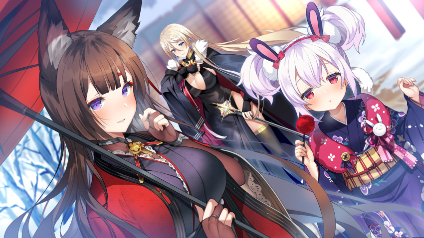 3girls alternate_costume amagi_(azur_lane) animal_ear_fluff animal_ears azur_lane bangs bismarck_(azur_lane) bismarck_(beacon_of_the_ironblood)_(azur_lane) black_dress black_gloves black_legwear blonde_hair blue_eyes blunt_bangs blush bow breasts breath brown_hair bunny_ears cleavage closed_mouth commentary_request double_bun dress elbow_gloves eyebrows_visible_through_hair fingerless_gloves floating_hair floral_print food fox_ears gloves hair_between_eyes hair_bow hairband holding holding_food japanese_clothes kimono kurot laffey_(azur_lane) laffey_(snow_rabbit_and_candied_apple)_(azur_lane) large_breasts long_hair long_sleeves looking_at_viewer multiple_girls obi open_mouth oriental_umbrella outdoors parted_lips print_kimono purple_eyes red_bow red_eyes red_hairband sash silver_hair smile thick_eyebrows thighhighs twitter_username umbrella very_long_hair wide_sleeves