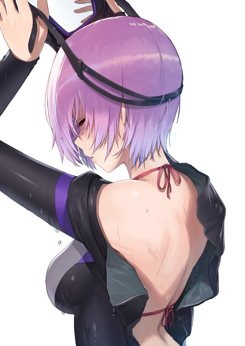 1girl absurdres arms_up back breasts closed_eyes diving_mask diving_suit fate/grand_order fate_(series) from_behind halterneck highres jjeono large_breasts lavender_hair mash_kyrielight parted_lips profile short_hair simple_background solo upper_body water_drop wet wet_clothes wet_hair white_background