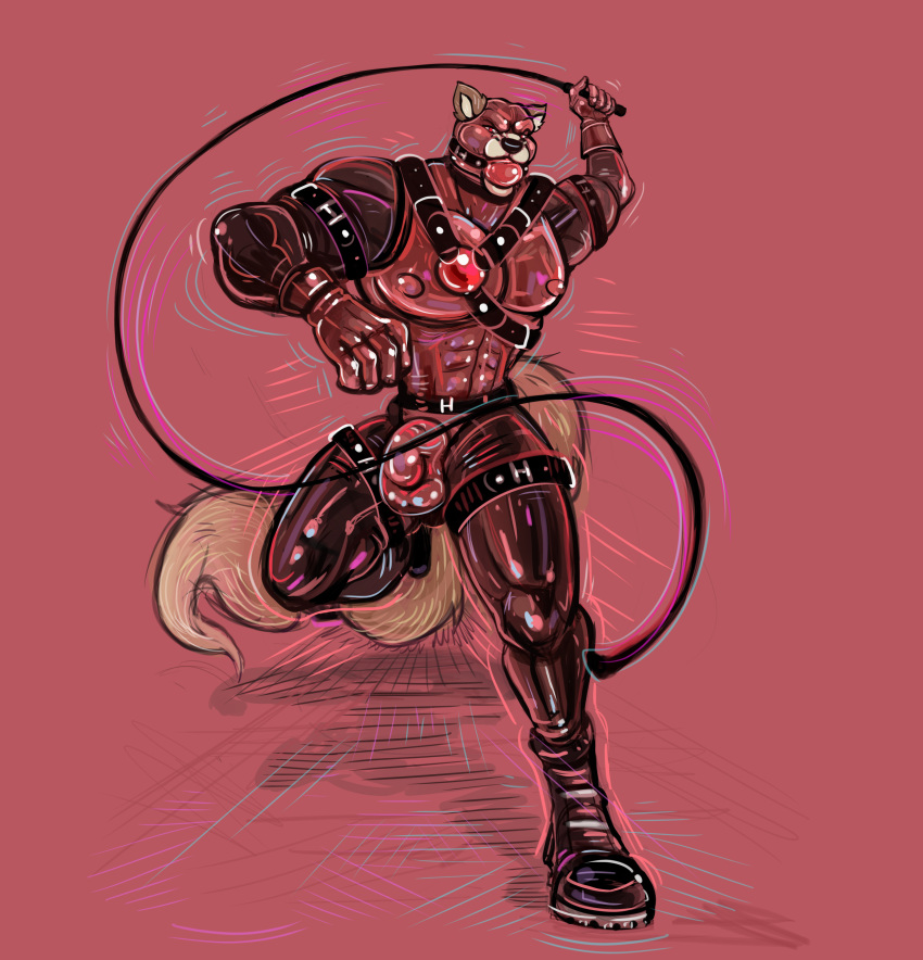 absurd_res anthro ball_gag bdsm big_ball_gag big_tail bondage boots bound bulge clothed clothing footwear fur gag gagged gimp harness hero hi_res leather male mammal muscular noahsense procyonid raccoon rope rubber safeword_(character) simple_background superhero whip