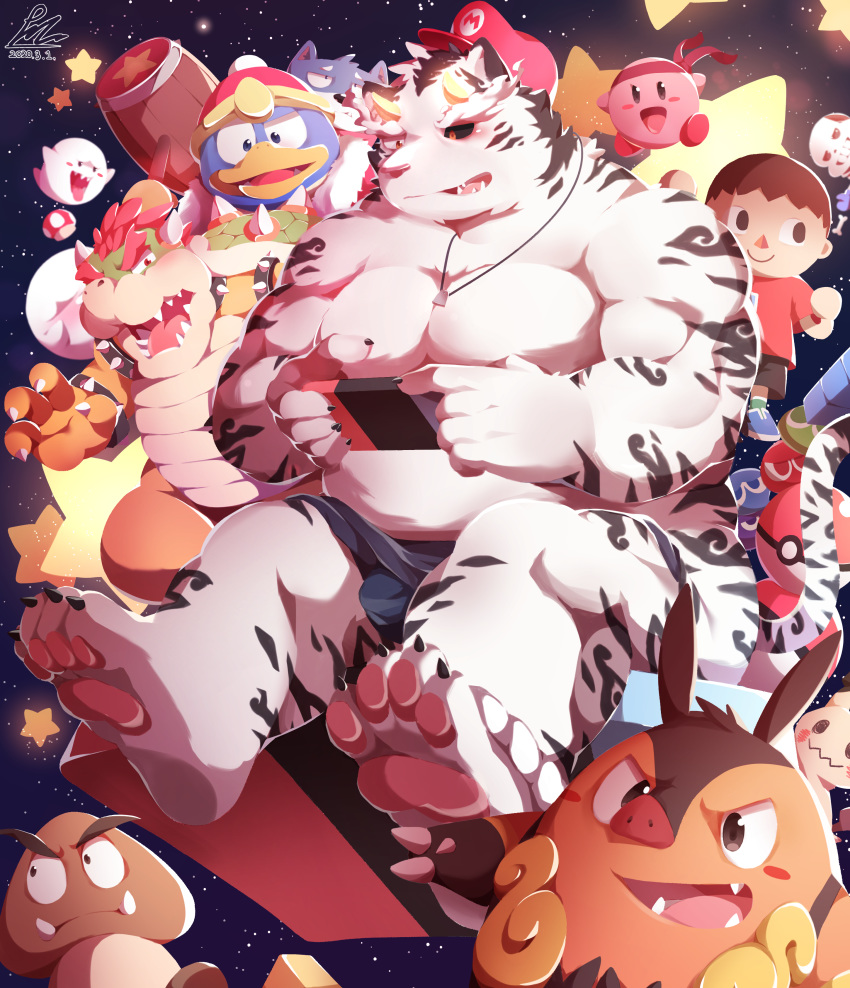 2020 absurd_res animal_crossing anthro avian belly bird boo_(mario) bottomwear bowser bulge canid canine clothing cute_fangs felid fur goomba group hat headgear headwear hi_res human humanoid_hands kemono king_dedede kirby kirby_(series) koopa male mammal mario_bros mimikyu moobs nintendo nintendo_switch overweight overweight_male pantherine park_kr penguin pignite pok&eacute;ball pok&eacute;mon pok&eacute;mon_(species) puyo_puyo sans_(undertale) scalie shirt shorts tiger topwear undertale underwear video_games villager_(animal_crossing) white_body white_fur