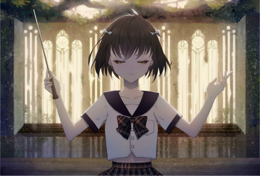 1girl antenna_hair bangs black_sailor_collar bow brown_eyes brown_hair brown_skirt closed_mouth collarbone commentary english_commentary eyebrows_visible_through_hair hair_bow half-closed_eyes hands_up holding navel original plaid plaid_skirt pleated_skirt saikou-iro_aurora sailor_collar school_uniform serafuku shirt short_hair short_sleeves skirt solo white_bow white_shirt