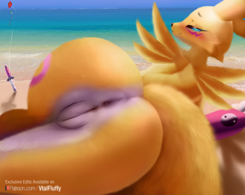 2020 absurd_res anthro anus beach big_butt blue_eyes blush butt butt_focus canid canine digimon digimon_(species) female fur genitals hi_res mammal nude pussy renamon sand seaside solo text url v-tal water wide_hips