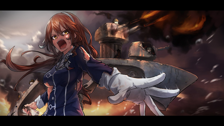 1girl :o ashigara_(kantai_collection) brown_eyes brown_hair fairy_(kantai_collection) gloves hairband highres i-coat kantai_collection long_hair remodel_(kantai_collection) solo torn_clothes upper_body wavy_hair white_gloves white_hairband