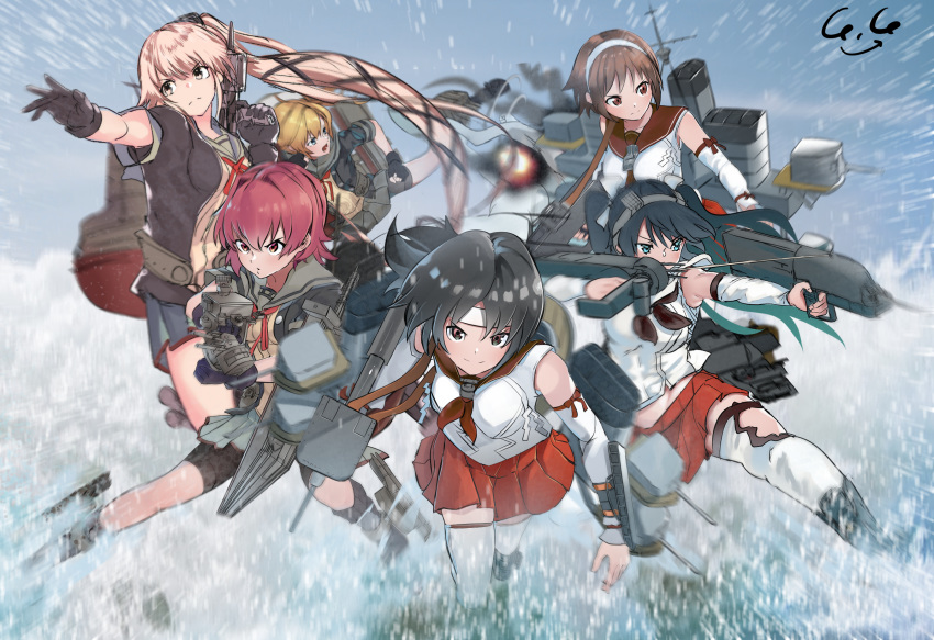 6+girls abukuma_(kantai_collection) bangs bare_shoulders bike_shorts black_gloves black_hair blonde_hair blue_eyes breasts brown_eyes brown_hair brown_shirt detached_sleeves dual_wielding explosion eyebrows_visible_through_hair fingerless_gloves gegeron gloves green_eyes green_hair grey_jacket grey_sailor_collar grey_skirt gun hachimaki hair_between_eyes hair_ornament hair_ribbon hairband headband highres holding isuzu_(kantai_collection) jacket jumping kantai_collection kicking kinu_(kantai_collection) large_breasts long_hair looking_at_viewer medium_hair multiple_girls nagara_(kantai_collection) natori_(kantai_collection) neck_ribbon neckerchief open_mouth pink_hair pleated_skirt ponytail red_hair red_ribbon red_skirt remodel_(kantai_collection) ribbon rigging sailor_collar school_uniform serafuku shirt short_hair short_sleeves shorts shorts_under_skirt skirt smokestack thighhighs torpedo_tubes twintails water weapon white_hairband white_headband white_legwear white_shirt yellow_eyes yura_(kantai_collection) zettai_ryouiki