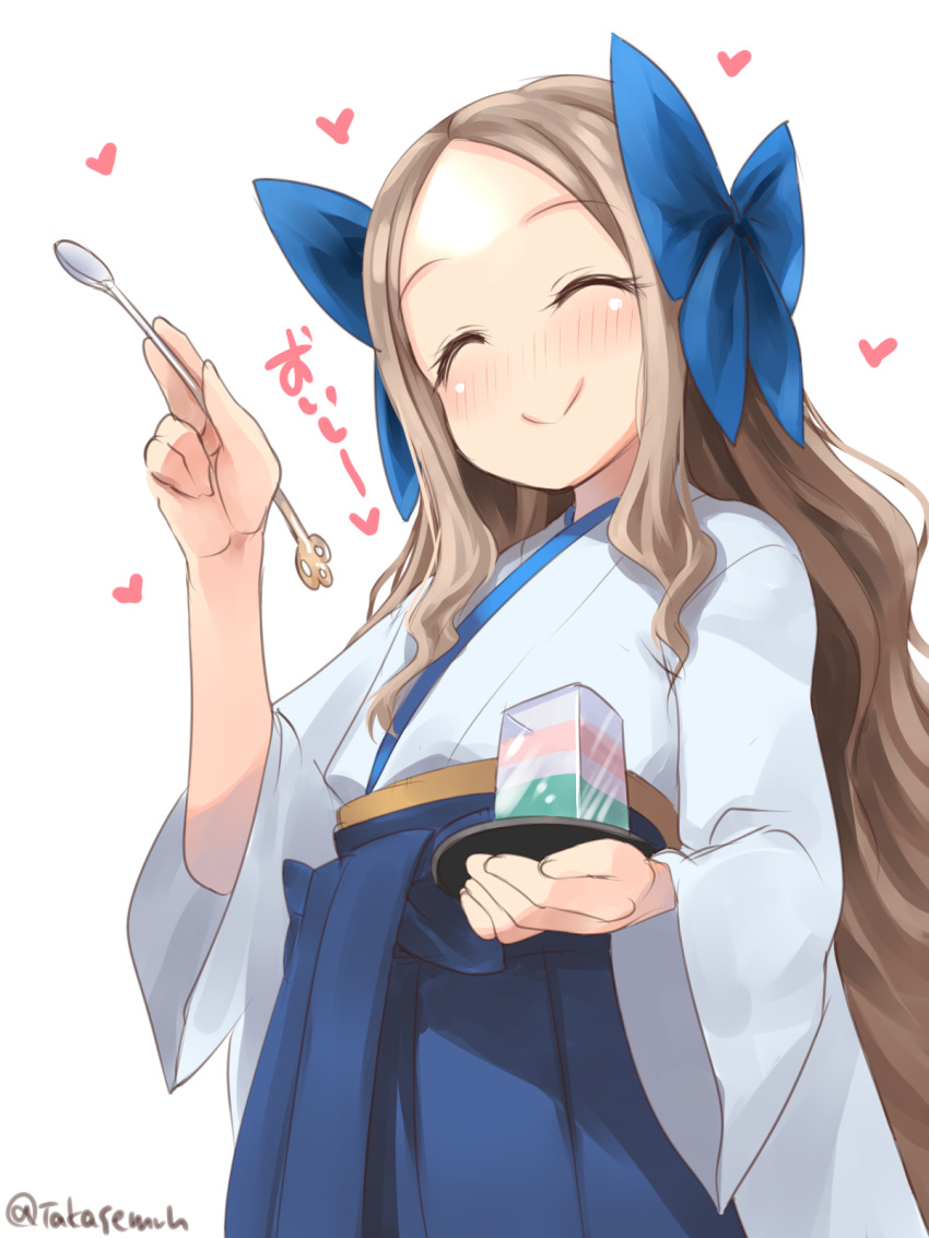 1girl asakaze_(kantai_collection) bangs blue_bow blue_eyes blue_hakama bow closed_eyes dessert food forehead from_below hair_bow hakama highres japanese_clothes jelly kantai_collection kimono light_brown_hair long_hair meiji_schoolgirl_uniform parted_bangs sidelocks smile solo spoon takase_muu wavy_hair white_kimono