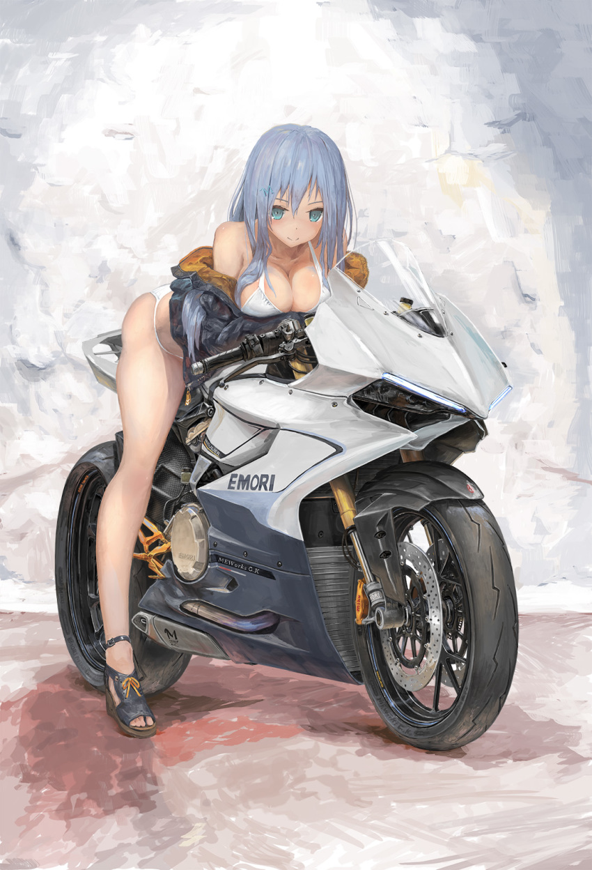 1girl bare_legs bare_shoulders bent_over bikini black_jacket blue_eyes blue_hair breasts cleavage commentary_request ducati emori_miku emori_miku_project full_body ground_vehicle hair_ornament highres jacket large_breasts long_hair long_legs long_sleeves looking_at_viewer motor_vehicle motorcycle nihoshi_(bipedal_s) off_shoulder sandals smile solo straddling string_bikini swimsuit thighs white_bikini