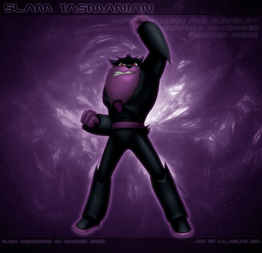 2011 bodysuit clothing dasyurid dasyuromorph hi_res la_volpe looking_at_viewer loonatics_unleashed looney_tunes male mammal marsupial muscular red_eyes science_fiction skinsuit slam_tasmanian solo space superhero superpowers tasmanian_devil text tight_clothing toony warner_brothers