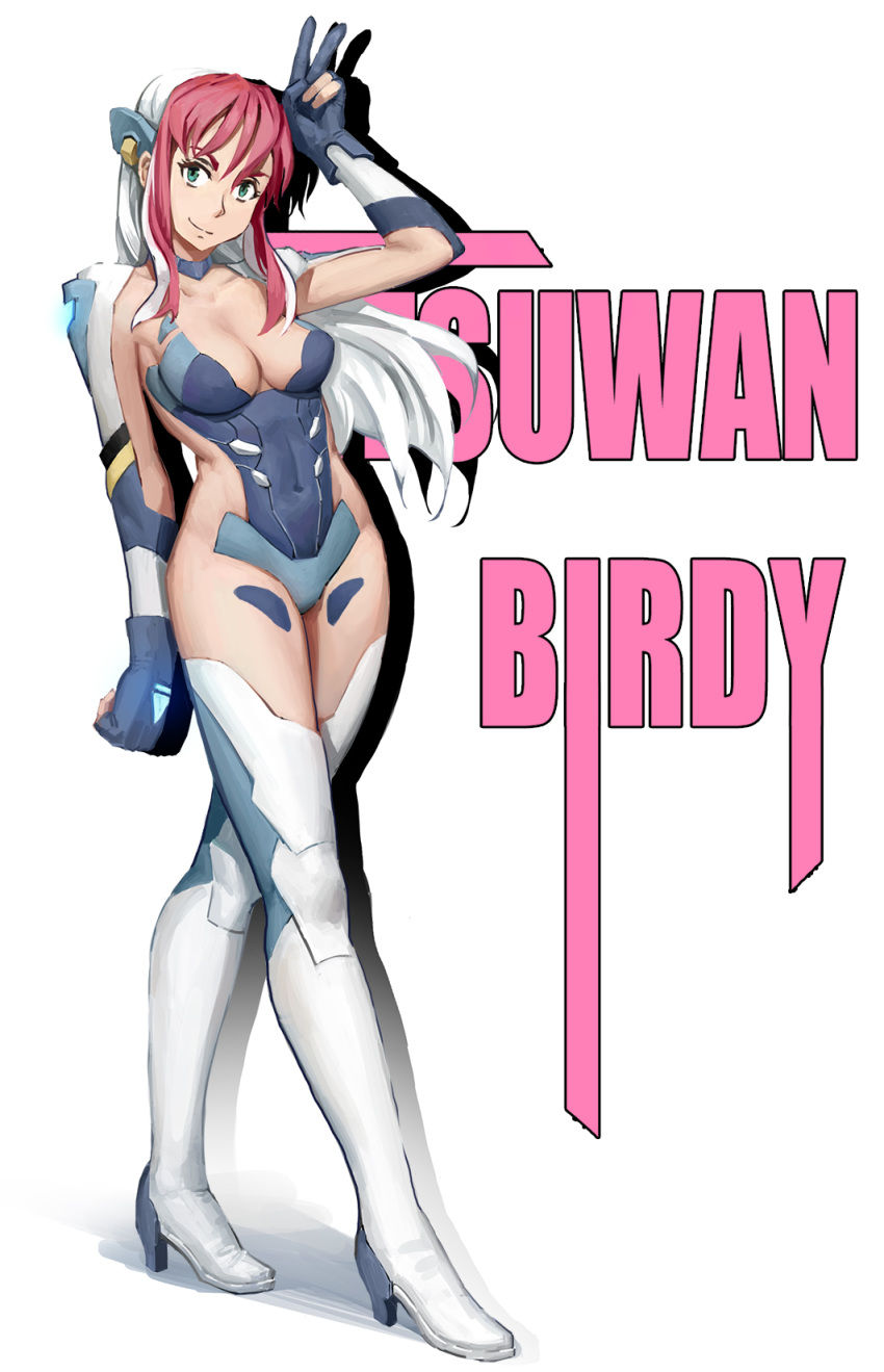 1girl birdy_cephon_altirra boots breasts cleavage closed_mouth covered_navel elbow_gloves gloves green_eyes highres long_hair looking_at_viewer medium_breasts multicolored_hair pink_hair smile solo tetsuwan_birdy_decode thigh_boots thighhighs two-tone_hair v white_background white_hair youguang_liangliang