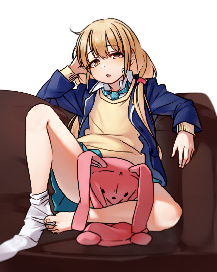 1girl absurdres arm_support blazer blonde_hair blue_jacket brown_eyes cardigan_vest collared_shirt couch eyebrows_visible_through_hair full_body futaba_anzu hairband highres idolmaster idolmaster_cinderella_girls jacket kakaobataa long_hair looking_at_viewer low_twintails necktie open_blazer open_clothes open_jacket parted_lips pleated_skirt shirt simple_background single_sock sitting skirt sock_pull socks solo stuffed_animal stuffed_bunny stuffed_toy toes twintails white_background white_shirt