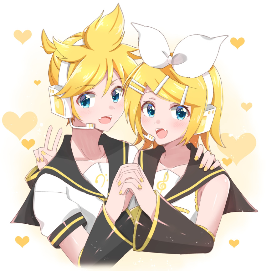 1boy 1girl bangs bare_shoulders bass_clef black_collar black_sleeves blonde_hair blue_eyes bow collar commentary crop_top detached_sleeves fang hair_bow hair_ornament hairclip hand_on_another's_shoulder headphones headset heart heart_background highres holding_hands kagamine_len kagamine_rin looking_at_viewer nail_polish open_mouth sailor_collar school_uniform shirt short_hair short_ponytail short_sleeves sleeveless sleeveless_shirt smile spiked_hair supo01 swept_bangs treble_clef upper_body v vocaloid white_bow white_shirt yellow_nails
