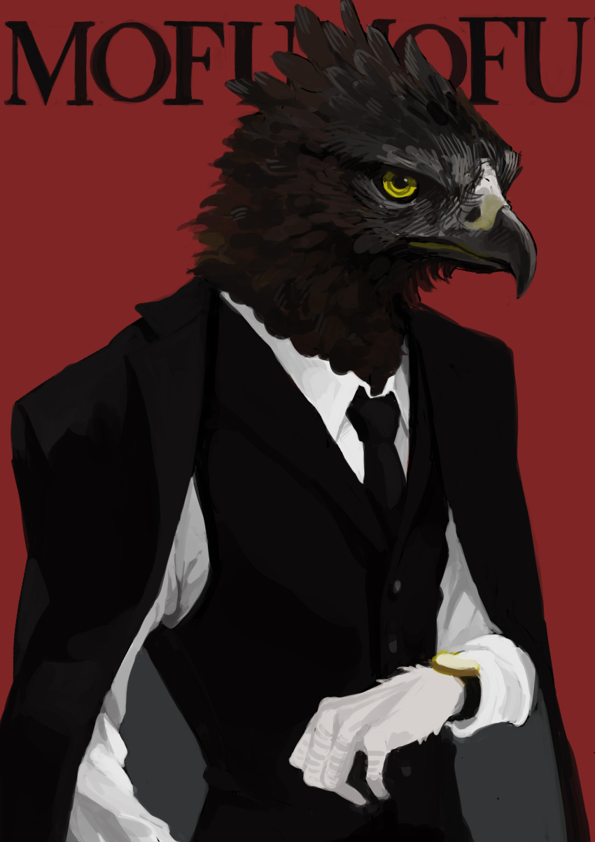 1boy absurdres beak bird_boy black_fur black_jacket black_necktie black_sclera black_vest body_fur buttons closed_mouth collared_shirt colored_sclera commentary feathers furry furry_male hand_up highres jacket jacket_on_shoulders long_sleeves male_focus mayumochini necktie open_clothes open_jacket original red_background romaji_text shirt simple_background solo standing two-tone_fur vest watch white_fur white_shirt wristwatch yellow_eyes