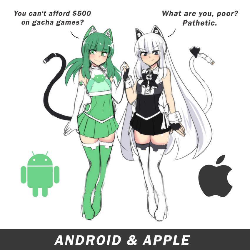 2girls android_(mascot) android_(os) animal_ears apple_inc. cat_ears cat_girl cat_tail green_hair highres long_hair merryweather multiple_girls original os-tan smile tail
