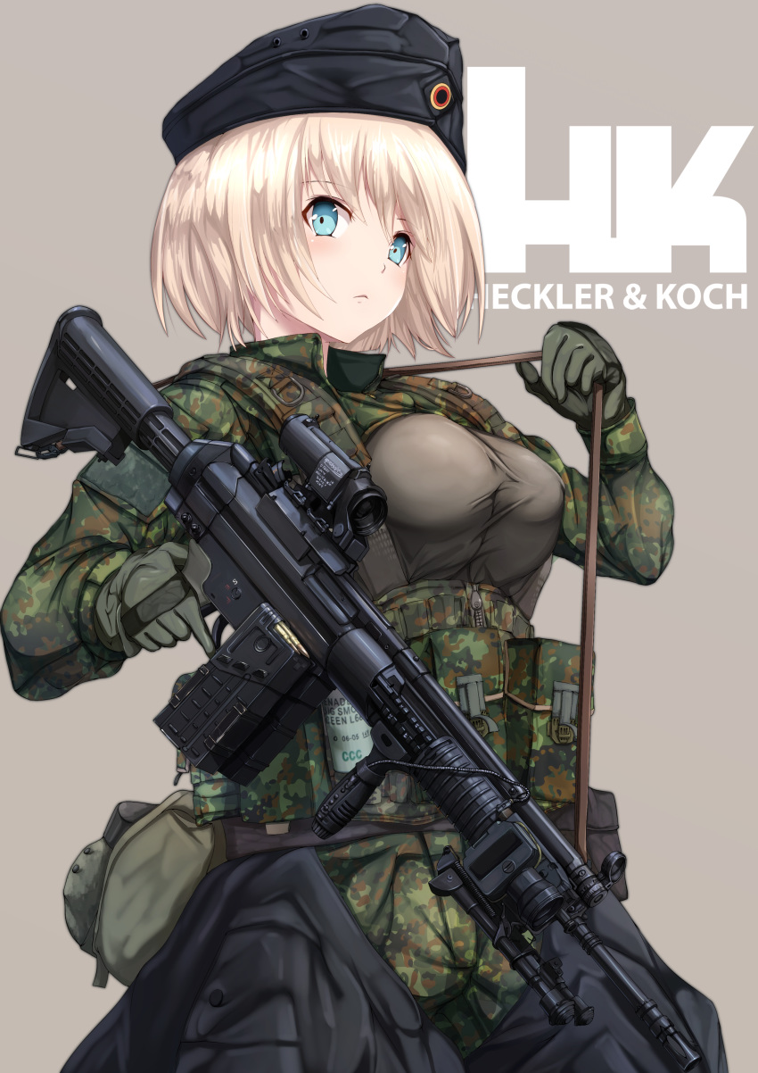 1girl absurdres assault_rifle battle_rifle bipod blonde_hair blue_eyes camouflage commentary dai_toro foregrip garrison_cap gloves gun h&amp;k_g3 hat heckler_&amp;_koch highres military military_hat original rifle scope short_hair simple_background solo weapon