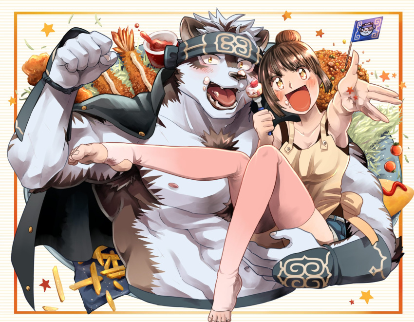 5_fingers abs anthro biceps brown_body brown_fur brown_hair canid canine canis clothed clothing coat_cape duo female female_protagonist_(tas) fingers fur hair hi_res horkeukamui human humanoid_hands male male/female mammal multicolored_body multicolored_fur muscular muscular_male pecs protagonist_(tas) sumiwohakuneko tattoo tied_hair tokyo_afterschool_summoners topless two_tone_body two_tone_fur video_games white_body white_fur wolf