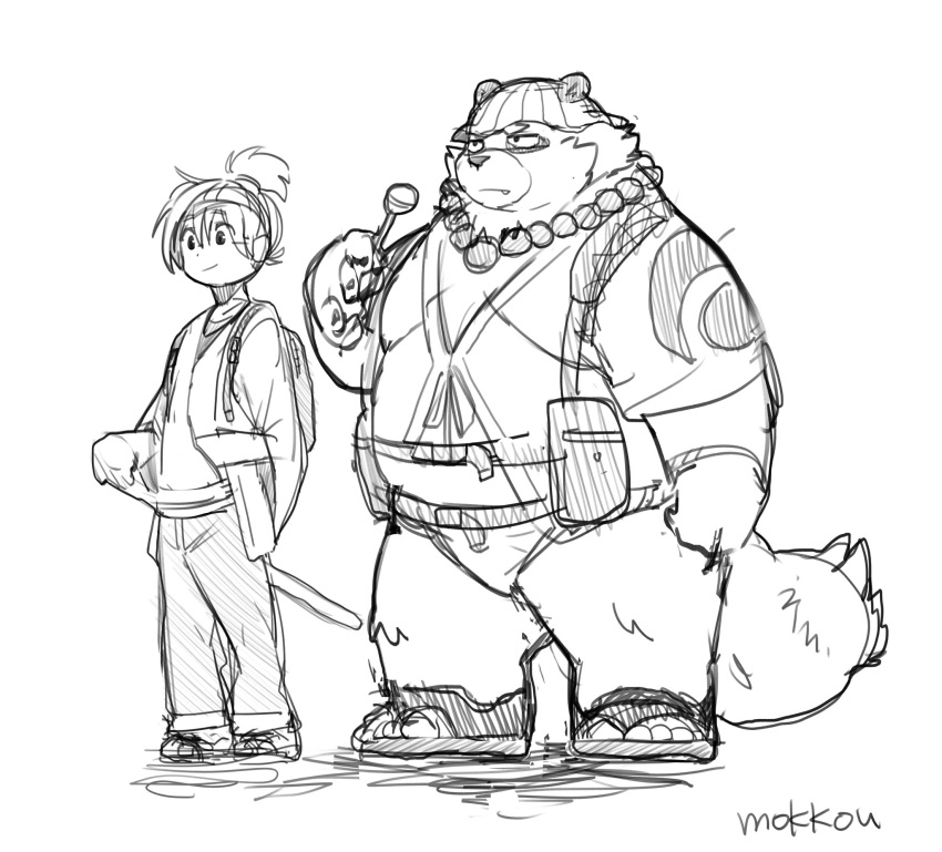2020 anthro belly canid canine clothing cute_fangs duo footwear hi_res hoodie human humanoid_hands kemono male mammal monochrome overweight overweight_male raccoon_dog robe sandals tanuki topwear uokkom