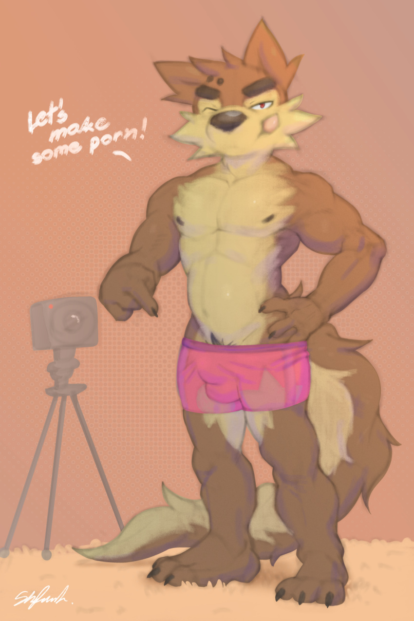 2020 2:3 anthro briefs bulge camera canid canine clothed clothing digital_media_(artwork) eyebrows fur hi_res kusy looking_at_viewer male mammal nipples one_eye_closed pubes recording shfunk text topless underwear wink