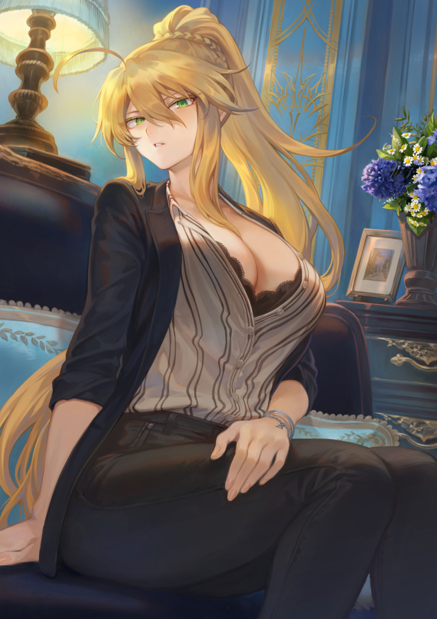 1girl ahoge artoria_pendragon_(all) artoria_pendragon_(lancer) bangs black_bra black_jacket black_pants blonde_hair blush bra braid breasts cleavage contemporary couch cushion fate/grand_order fate_(series) french_braid green_eyes hair_between_eyes highres jacket lamp large_breasts long_hair long_sleeves looking_at_viewer mashuu_(neko_no_oyashiro) open_clothes open_jacket pants parted_lips picture_frame plant ponytail potted_plant shirt sidelocks sitting solo striped striped_shirt underwear white_shirt