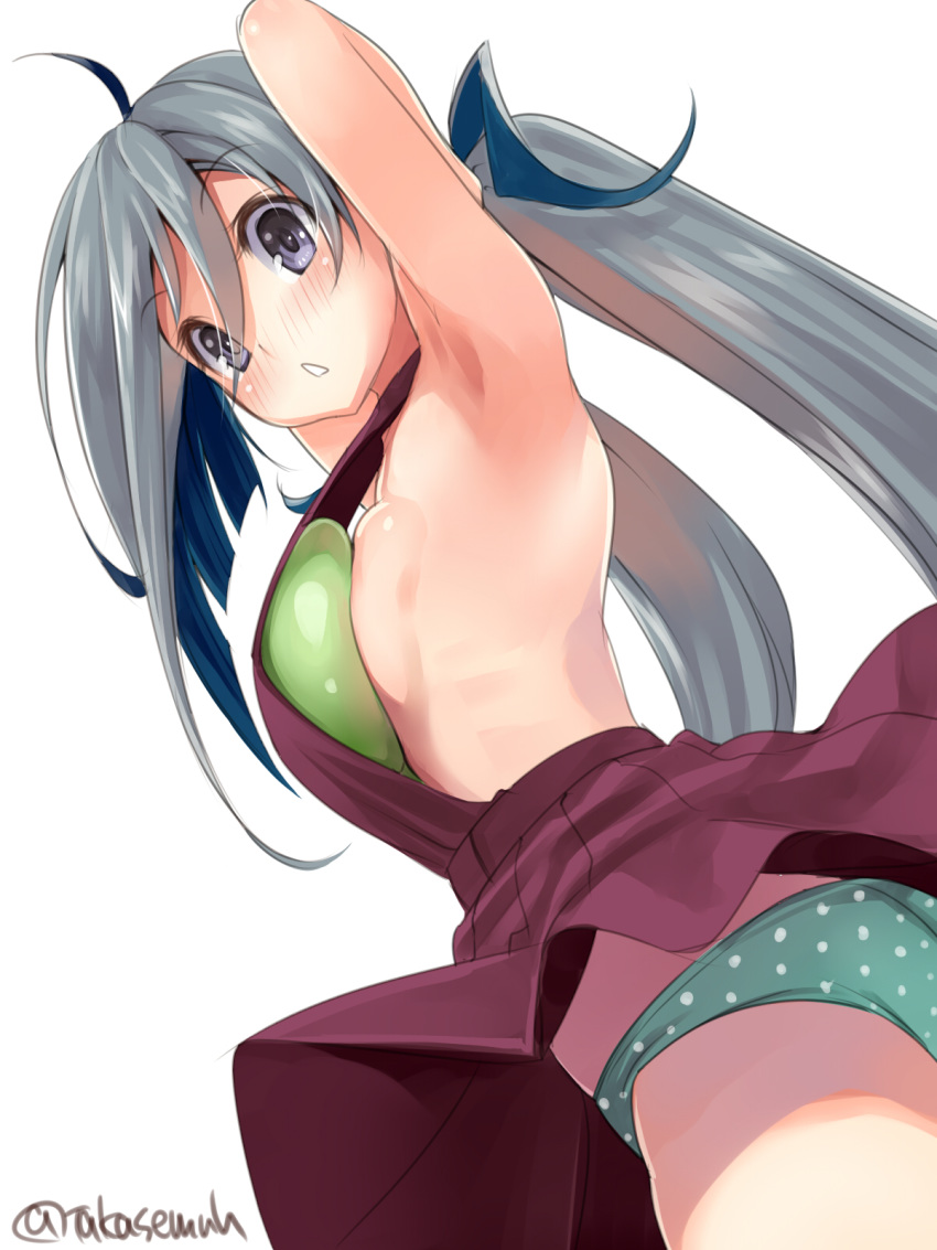 1girl ahoge armpits arms_behind_head arms_up balloon bangs blush breast_padding breasts dress eyebrows_visible_through_hair green_panties grey_eyes grey_legwear hair_between_eyes halterneck highres kantai_collection kiyoshimo_(kantai_collection) long_hair looking_at_viewer low_twintails open_mouth panties polka_dot polka_dot_panties simple_background small_breasts solo takase_muu twintails twitter_username underwear very_long_hair white_background