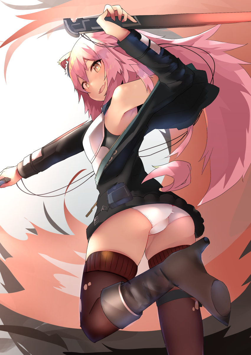 1girl absurdres animal_ear_fluff animal_ears arknights armor bangs beefjk boots breasts eyebrows_visible_through_hair fang fang_out gravel_(arknights) guardless_sword hair_between_eyes high_heel_boots high_heels highres holding holding_weapon hood hooded_jacket jacket long_hair looking_at_viewer open_clothes open_mouth panties pink_hair simple_background skirt smile solo sword tail thighhighs torn_clothes torn_legwear underwear upskirt weapon white_background white_panties wire zipper