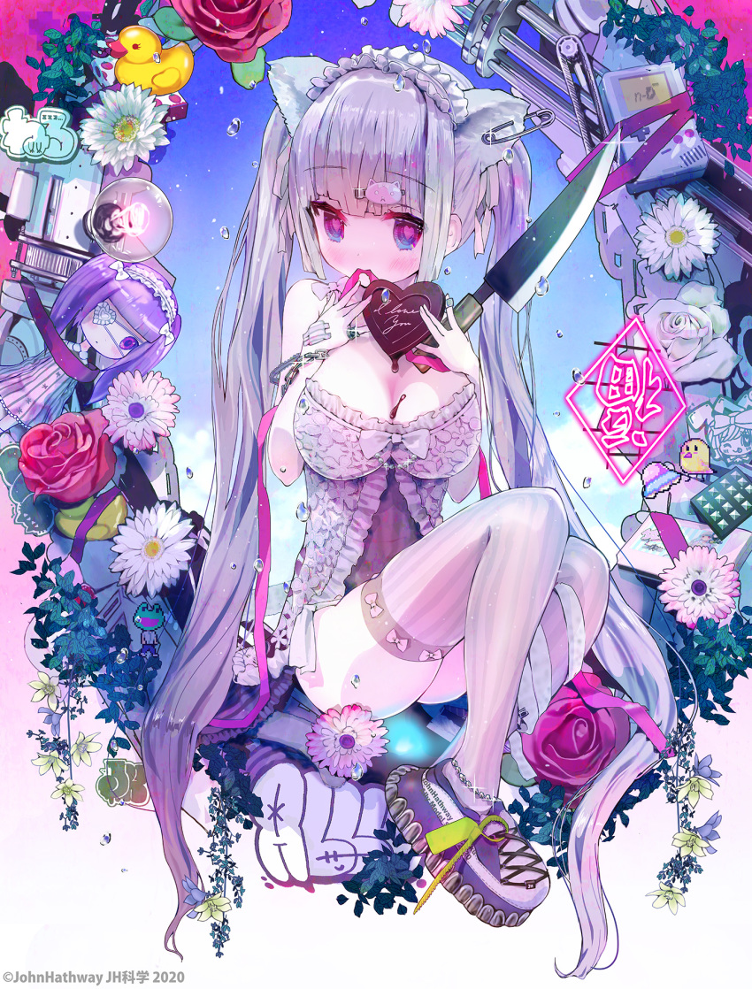 1girl animal_ears artist_name bare_shoulders blue_flower bow breasts candy cat_hair_ornament chain chocolate chocolate_heart chocolate_on_breasts cleavage commentary_request doll dress eyepatch flower food food_on_breasts frilled_hairband frills full_body game_boy glint green_flower hair_ornament hairband hairclip handheld_game_console heart heart_eyepatch highres holding holding_food jewelry john_hathway knife large_breasts light_bulb long_hair moe2020 mouth_hold original pink_ribbon platform_footwear purple_eyes purple_footwear purple_hair red_flower red_rose ribbon ribbon_in_mouth ring rose safety_pin shoes silver_hair sitting solo striped striped_legwear thighhighs translation_request twintails vertical-striped_legwear vertical_stripes very_long_hair water_drop watermark white_bow white_dress white_flower white_hairband white_legwear white_rose