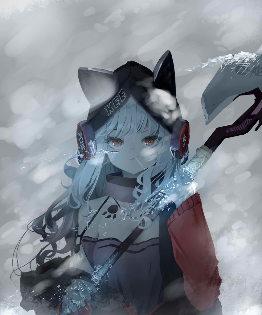 1girl absurdres arknights bangs bare_shoulders breasts brown_eyes candy crm food frostleaf_(arknights) hat headphones highres holding holding_staff injury jacket lollipop long_hair looking_at_viewer silver_hair smile solo staff