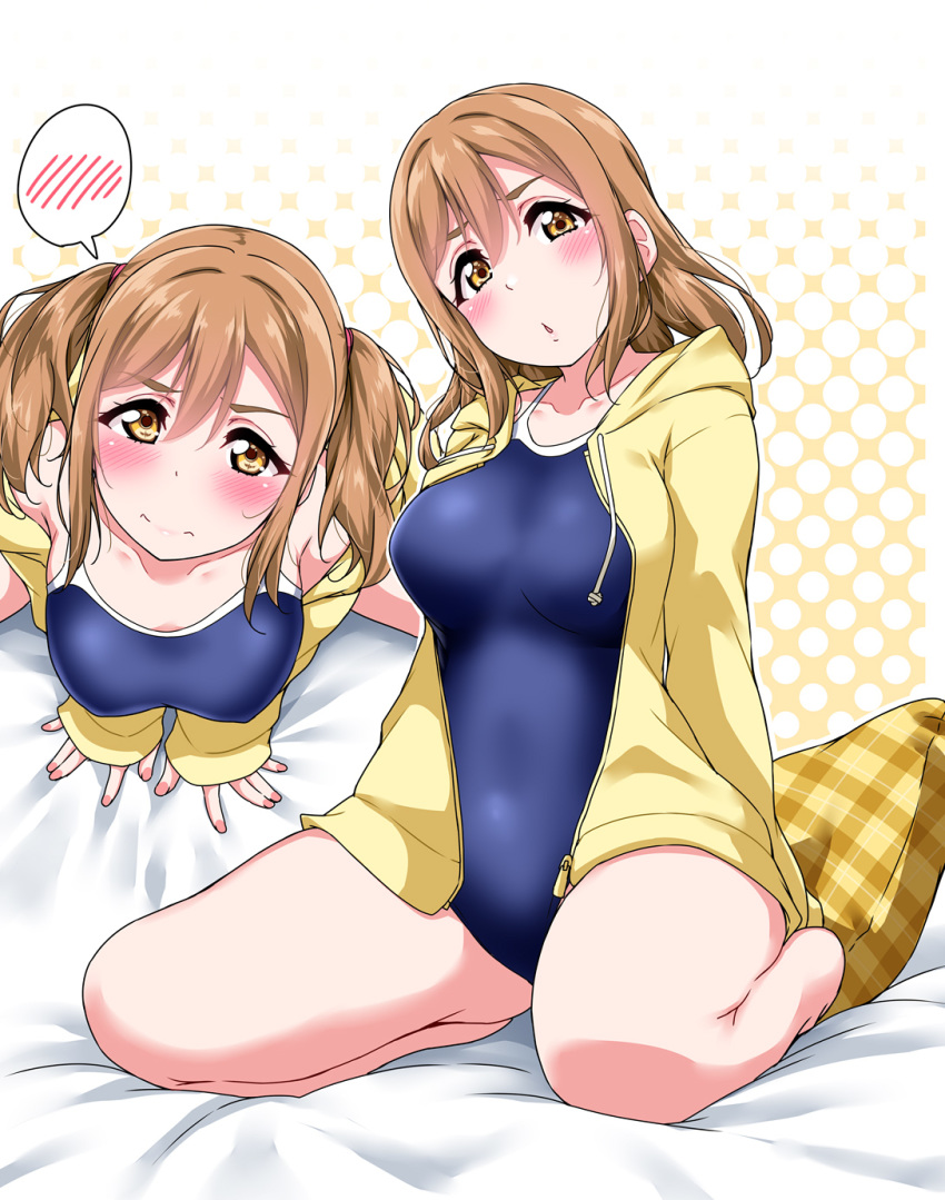 :o =o alternate_hairstyle bangs bare_legs barefoot bed_sheet blush breasts brown_hair collarbone embarrassed from_above halftone halftone_background highres hood hoodie jacket kunikida_hanamaru large_breasts long_hair long_sleeves looking_at_viewer love_live! love_live!_sunshine!! multiple_views nail_polish on_bed one-piece_swimsuit open_clothes open_jacket open_mouth pillow plaid_pillow polka_dot polka_dot_background seiza sidelocks sitting speech_bubble swimsuit thick_thighs thighs twintails yellow_eyes yellow_jacket yopparai_oni