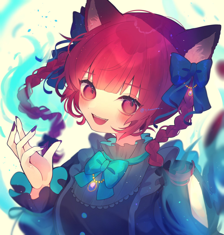 1girl animal_ears black_bow black_shirt blue_bow blush bow braid brooch cat_ears chikuwa_(tikuwaumai_) fangs fingernails frills hair_bow hand_up highres hitodama jewelry kaenbyou_rin long_fingernails long_hair long_sleeves looking_at_viewer open_mouth purple_nails red_eyes red_hair shirt smile solo touhou twin_braids twintails twitter_username upper_body