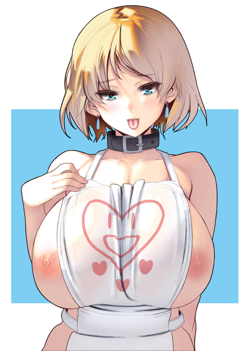 1girl apron aqua_eyes blonde_hair blue_background border breasts cleavage collar curvy ear_piercing highres huge_breasts masao mature naked_apron nipples original piercing short_hair solo tongue tongue_out white_border