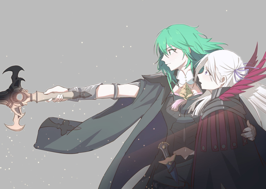 2girls arm_around_shoulder arm_guards armor byleth_(fire_emblem) byleth_(fire_emblem)_(female) coat dagger edelgard_von_hresvelg eyebrows_visible_through_hair feather_trim fire_emblem fire_emblem:_three_houses green_hair grey_hair highres looking_to_the_side multiple_girls navel_cutout pointing_sword pointing_weapon serious silver_hair sword_of_the_creator weapon yukina_megumi
