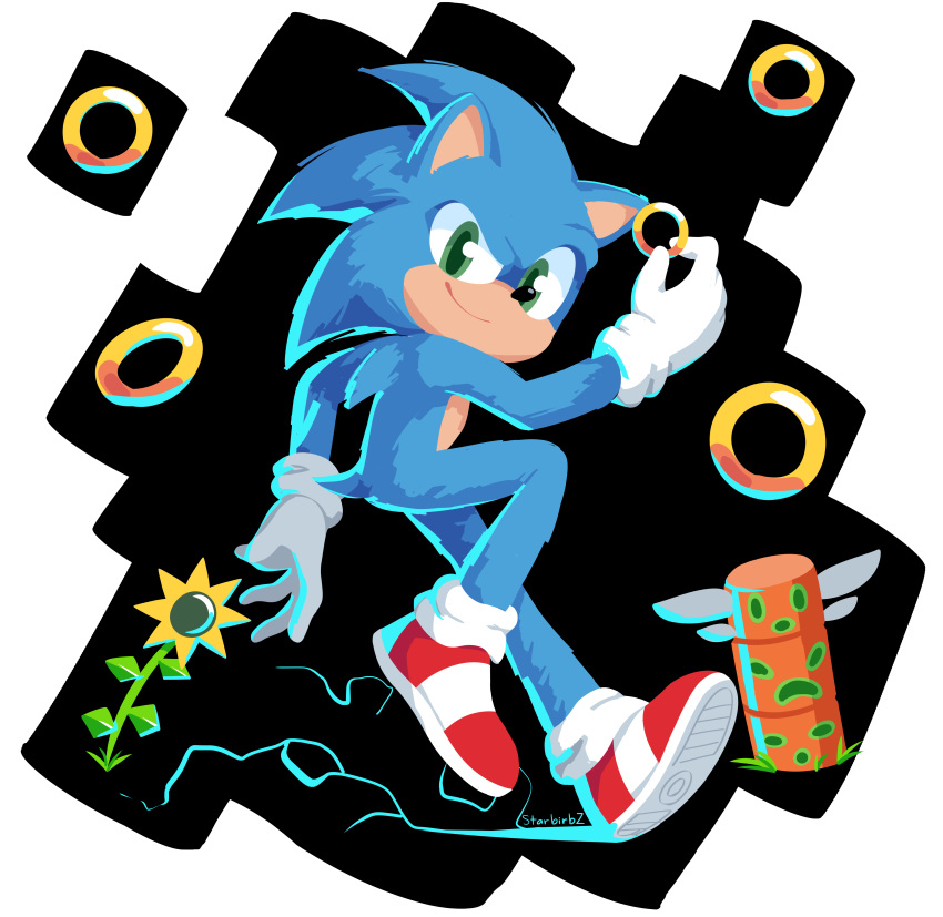 2019 absurd_res anthro blue_body blue_fur clothing electricity eulipotyphlan flower footwear fur gloves gold_ring green_eyes green_hill_zone handwear hedgehog hi_res holding_object male mammal plant shoes simple_background smile solo sonic_the_hedgehog sonic_the_hedgehog_(film) sonic_the_hedgehog_(series) starbirbz sunflower white_background