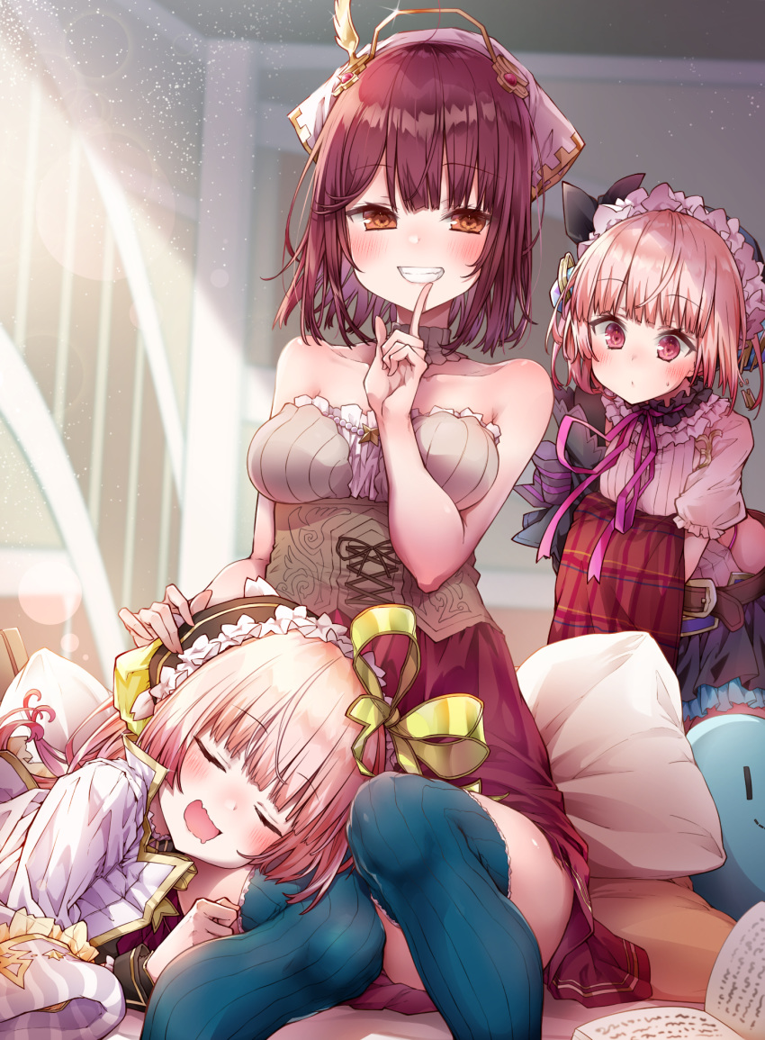 3girls alt atelier_(series) atelier_lydie_&amp;_suelle atelier_sophie bare_arms bare_shoulders belt blush book closed_eyes collarbone commentary_request detached_collar drooling eyebrows_visible_through_hair finger_to_mouth grin hair_between_eyes hair_ribbon hand_on_another's_head hat headwear highres holding_clothes index_finger_raised indoors lap_pillow light_particles looking_at_another looking_at_viewer lydie_marlen multiple_girls neck_ribbon orange_eyes pillow pink_hair purple_neckwear red_eyes red_hair red_skirt ribbon shirt short_hair short_sleeves siblings sisters sitting skirt sleeveless sleeveless_shirt smile sophie_neuenmuller strapless_shirt suelle_marlen thighhighs twins white_shirt yellow_ribbon