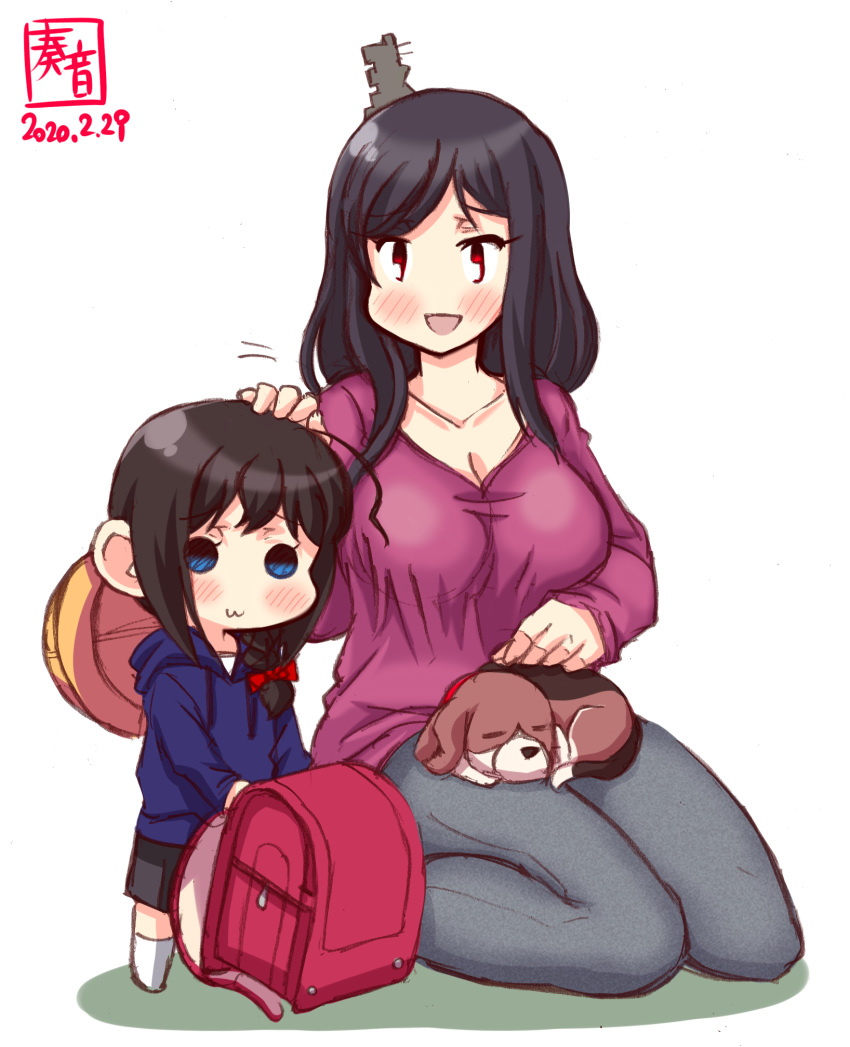 2girls :3 ahoge animal backpack bag bangs black_hair blue_eyes blue_hoodie bow braid breasts brown_hair child cleavage collarbone commentary_request denim dog hair_bow hair_ornament hair_over_shoulder hand_on_another's_head hat highres hood hood_down hoodie jeans kanon_(kurogane_knights) kantai_collection kneehighs large_breasts long_hair long_sleeves multiple_girls open_mouth pants petting puppy purple_shirt randoseru red_bow red_eyes school_hat seiza shigure_(kantai_collection) shirt single_braid sitting smile white_legwear yamashiro_(kantai_collection) yellow_headwear younger