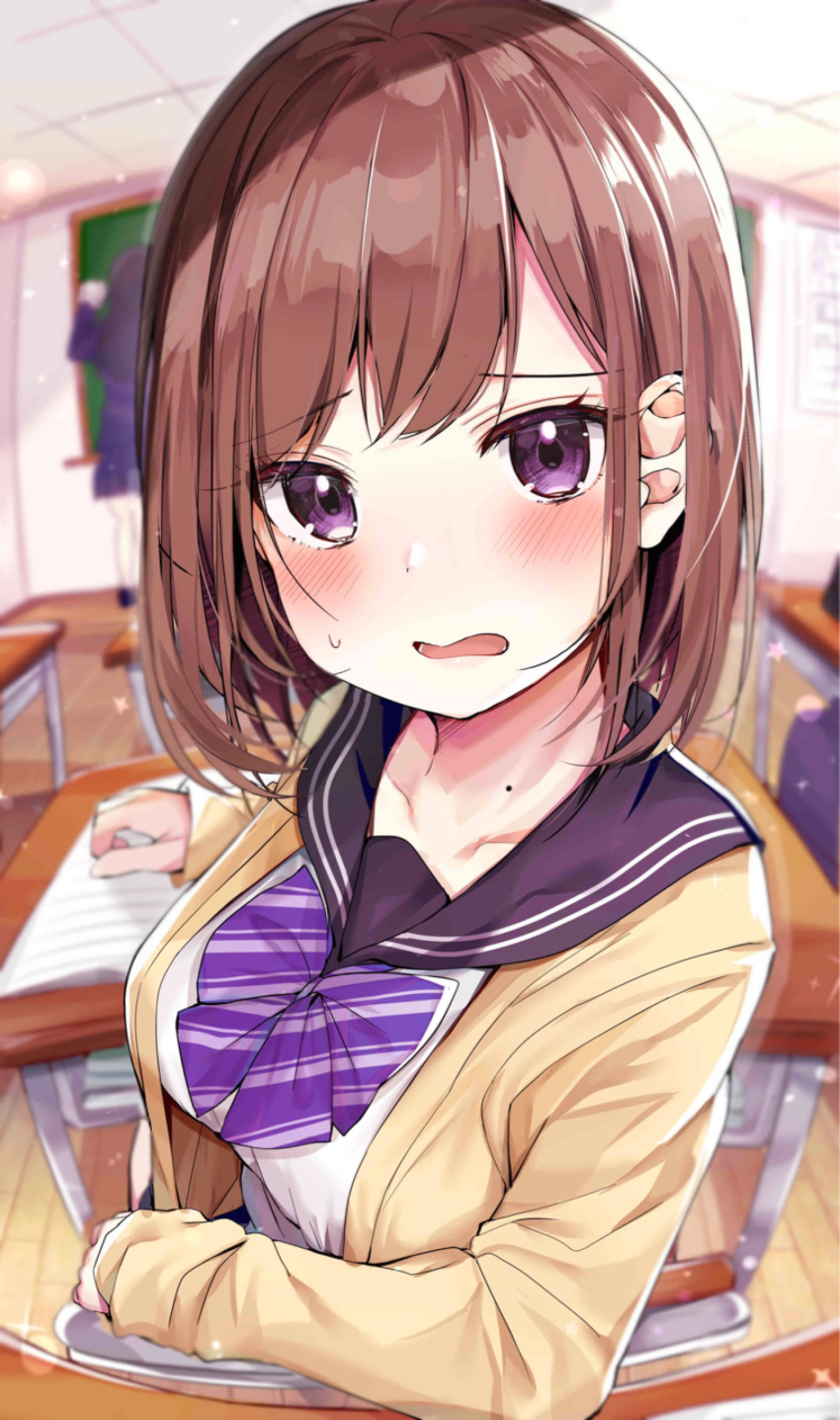 1girl absurdres bangs blurry blurry_background blush breasts brown_hair chair classroom collarbone commentary_request desk eyebrows_visible_through_hair face highres indoors large_breasts long_sleeves looking_at_viewer mole original purple_eyes rouka_(akatyann) school_chair school_desk shirt short_hair solo_focus white_shirt
