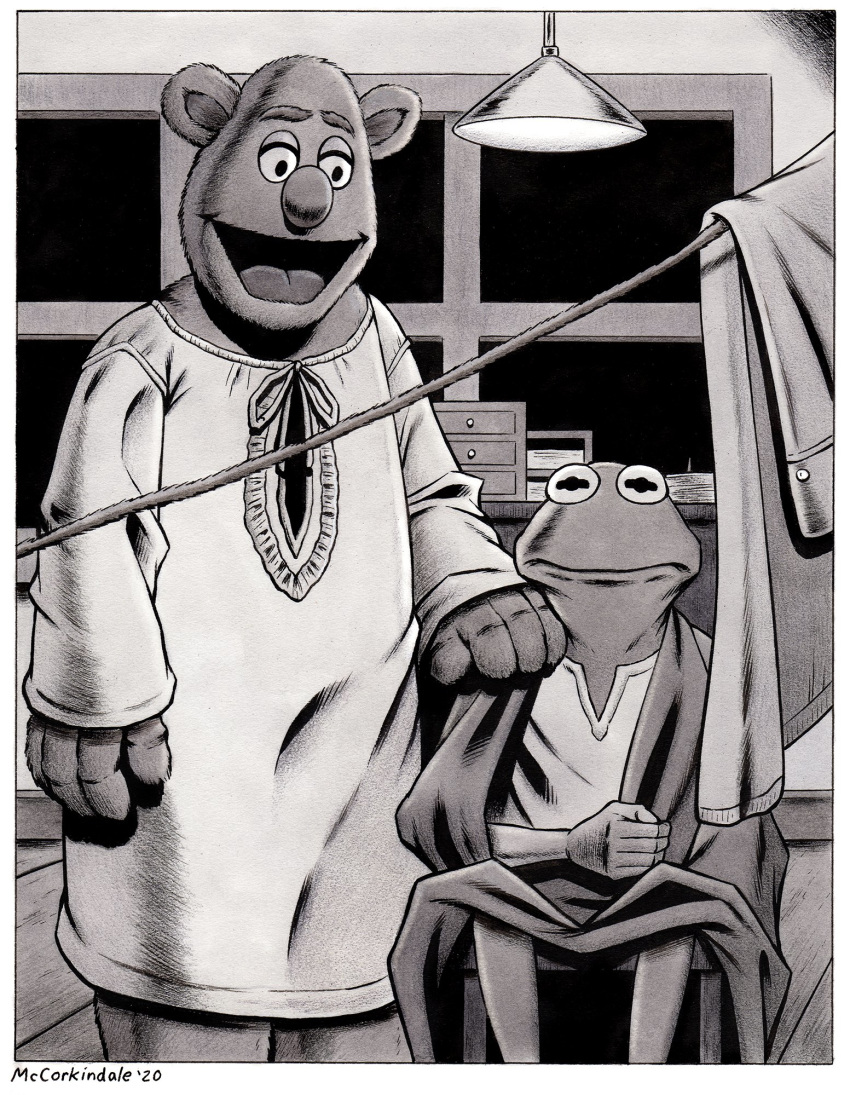 2020 amphibian angel big_nose black_and_white border bruce_mccorkindale clothed clothing crossover desk duo fozzie_bear frog furniture greyscale hi_res it's_a_wonderful_life kermit_the_frog lamp looking_at_viewer male mammal monochrome muppet muppets parody signature ursid white_border window