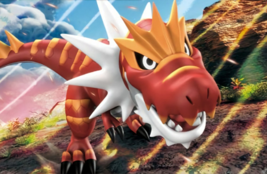 3d claws commentary creature day dinosaur english_commentary full_body gen_6_pokemon hatachuu leaning_forward multiple_sources no_humans official_art outdoors pokemon pokemon_(creature) pokemon_trading_card_game sharp_teeth solo standing teeth third-party_source tyrantrum