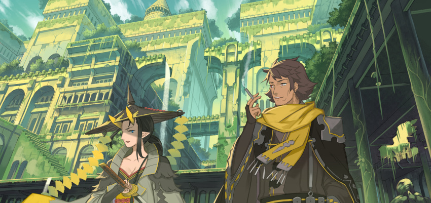 1boy 1girl black_hair black_headwear blue_eyes breasts brown_hair cleavage copyright_name day facial_hair gold_dragon_chiyo highres holding holding_sword holding_weapon horns invisible_ginga long_hair nagi_itsuki outdoors pixiv_fantasia pixiv_fantasia_age_of_starlight plant red_eyes scarf smoking stairs standing stubble sword upper_body vines water waterfall weapon yellow_scarf