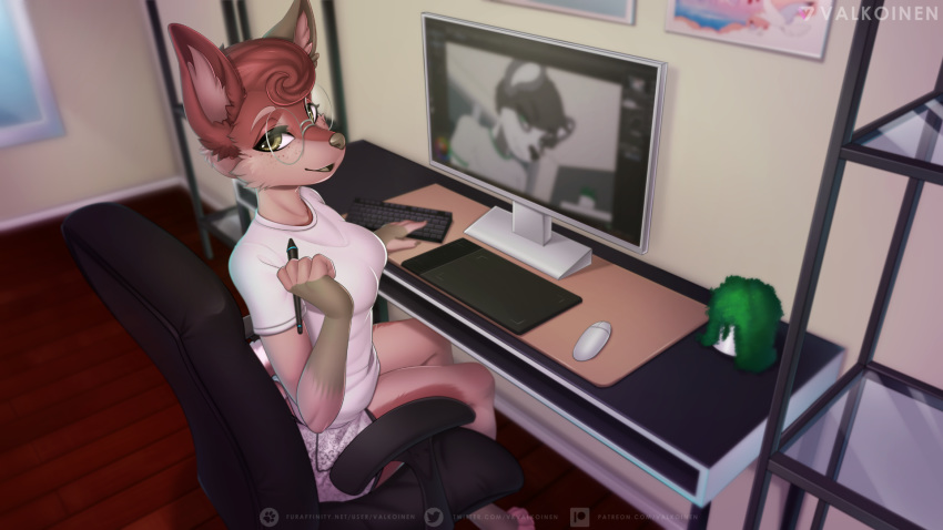 16:9 2020 anthro brown_hair canid canine canis clothed clothing day detailed_background eyebrows eyelashes eyewear female glasses hair hi_res inside mammal sitting smile valkoinen wolf