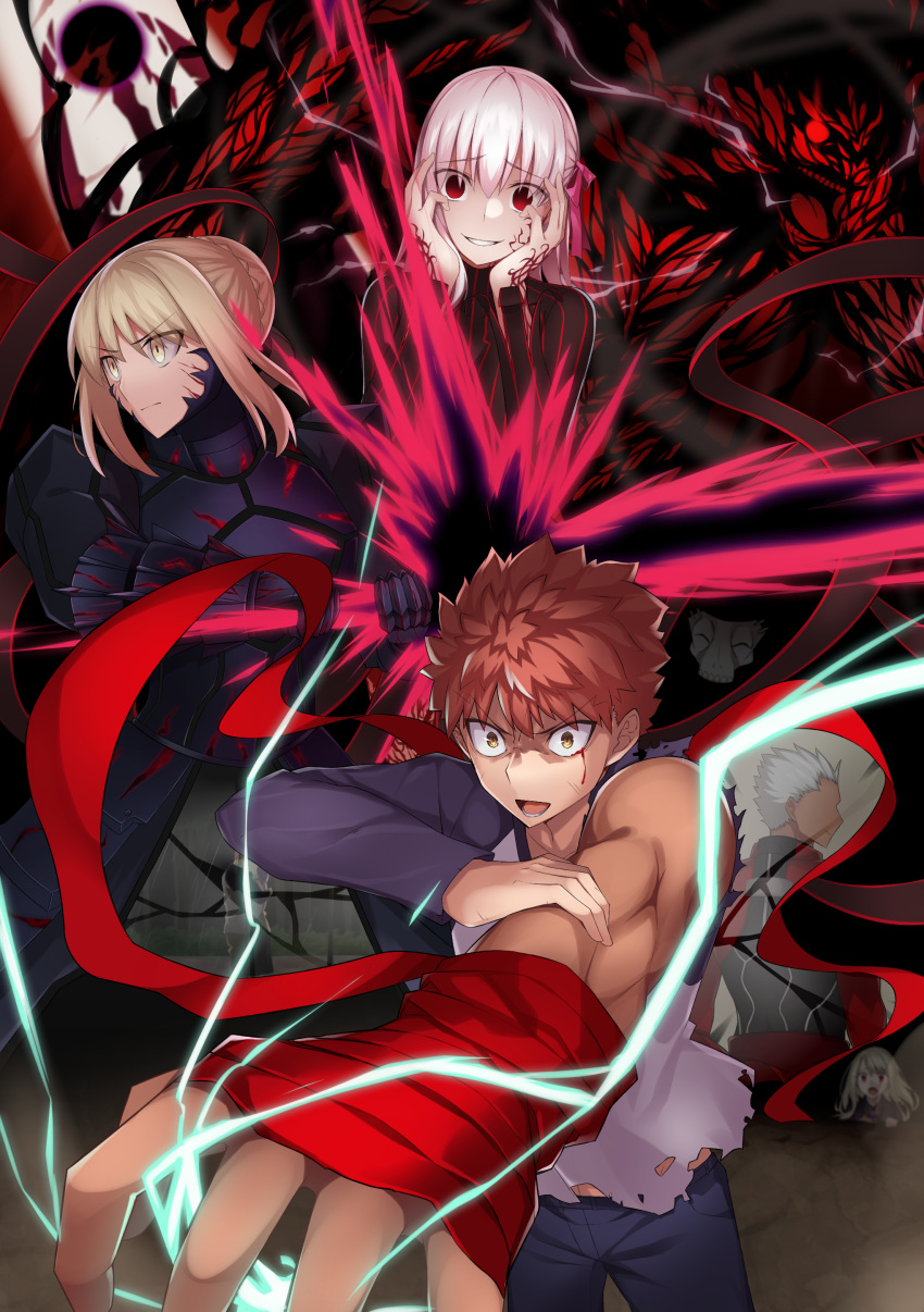 2boys 2girls absurdres armor armored_dress artoria_pendragon_(all) bangs blonde_hair breasts commentary dark_persona dark_sakura dark_skin dress emiya_shirou evil_grin evil_smile eyebrows_visible_through_hair fate/stay_night fate_(series) grin hair_ribbon heaven's_feel highres horns itame_moyashi lightning long_hair looking_at_viewer mask matou_sakura multiple_boys multiple_girls open_mouth red_eyes red_hair ribbon saber_alter short_hair skull_mask smile spoilers sword tagme true_assassin weapon white_hair yellow_eyes