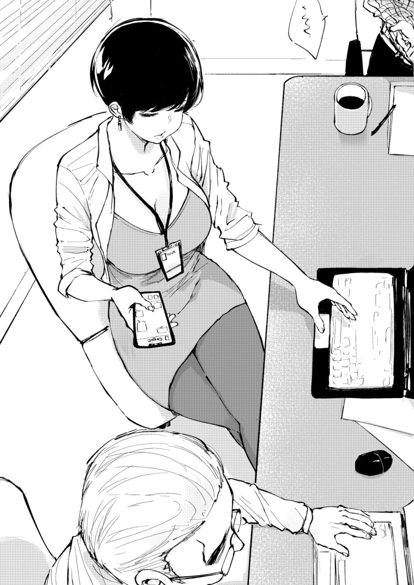 1girl at_computer breasts cellphone chair cleavage coffee_mug commentary computer crossed_legs cup earrings english_commentary from_above greyscale highres holding holding_phone id_card jewelry lanyard laptop meeting monochrome mug norman_maggot office_chair office_lady olive_laurentia original pantyhose phone sitting sleeves_pushed_up solo_focus