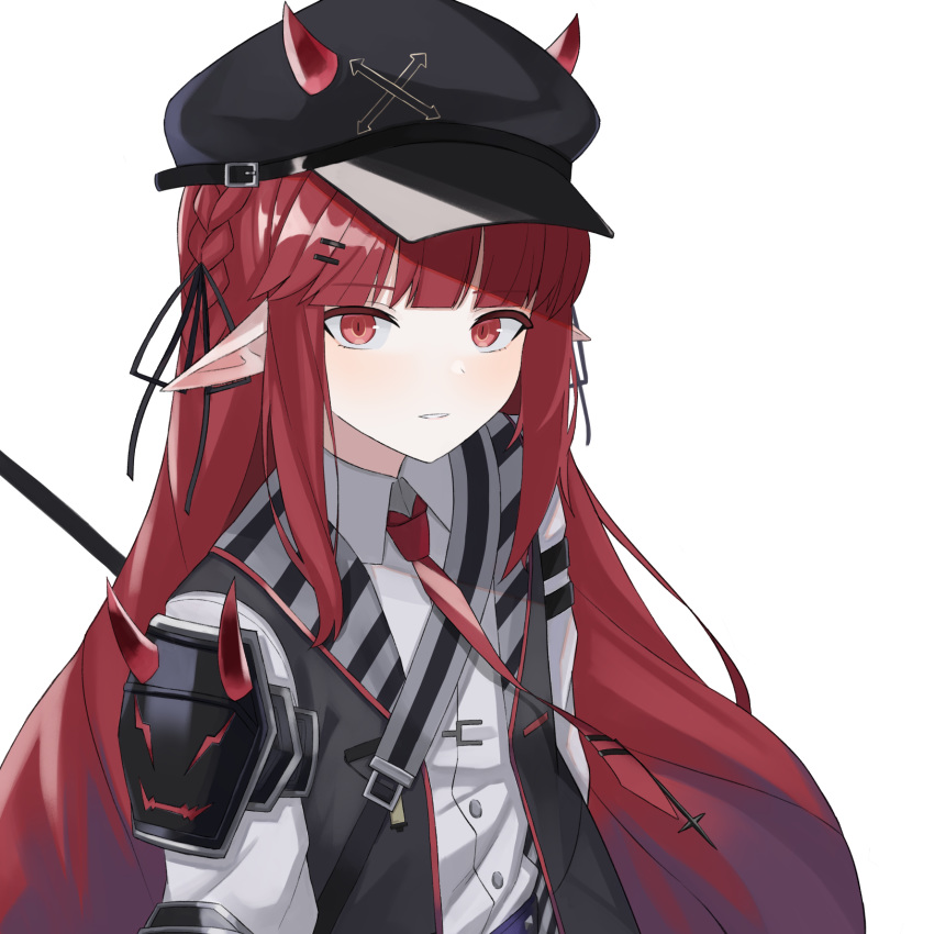 1girl a_iri_a arknights black_headwear braid cabbie_hat collared_shirt hair_ornament hairclip hat highres horns long_hair looking_at_viewer necktie parted_lips pointy_ears red_eyes red_hair shirt shoulder_armor simple_background solo spaulders strap upper_body vest vigna_(arknights) white_background white_shirt wing_collar