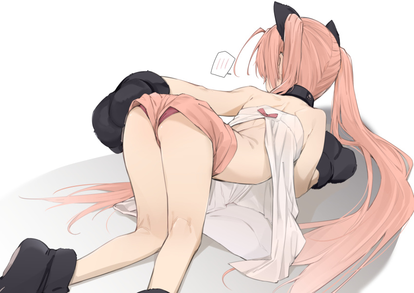 1girl all_fours animal_ears ass bare_shoulders black_collar black_footwear black_gloves cat_ears collar commentary_request dress facing_away gloves hidan_no_aria highres kanzaki_h_aria kneepits long_hair paw_gloves paw_shoes paws pink_hair pink_shorts shoes short_shorts shorts sidelocks solo spoken_blush twintails uno_ryoku very_long_hair white_background white_dress