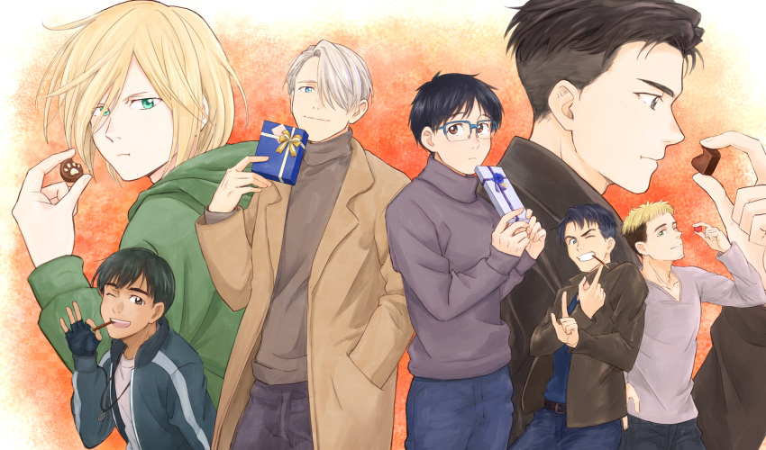 6+boys :t ;d black_gloves black_hair blonde_hair blue-framed_eyewear blue_eyes brown_eyes candy chocolate chocolate_heart christophe_giacometti coat cookie denim eating facial_hair fingerless_gloves food gift glasses gloves green_eyes grey_eyes grin hair_over_one_eye hand_in_pocket heart highres it's_j.j._style! jean-jacques_leroy jeans katsuki_yuuri male_focus mouth_hold multiple_boys one_eye_closed open_mouth otabek_altin pants phichit_chulanont pocky revision silver_hair smile takeshi_(mononohu20) turtleneck valentine viktor_nikiforov yuri!!!_on_ice yuri_plisetsky