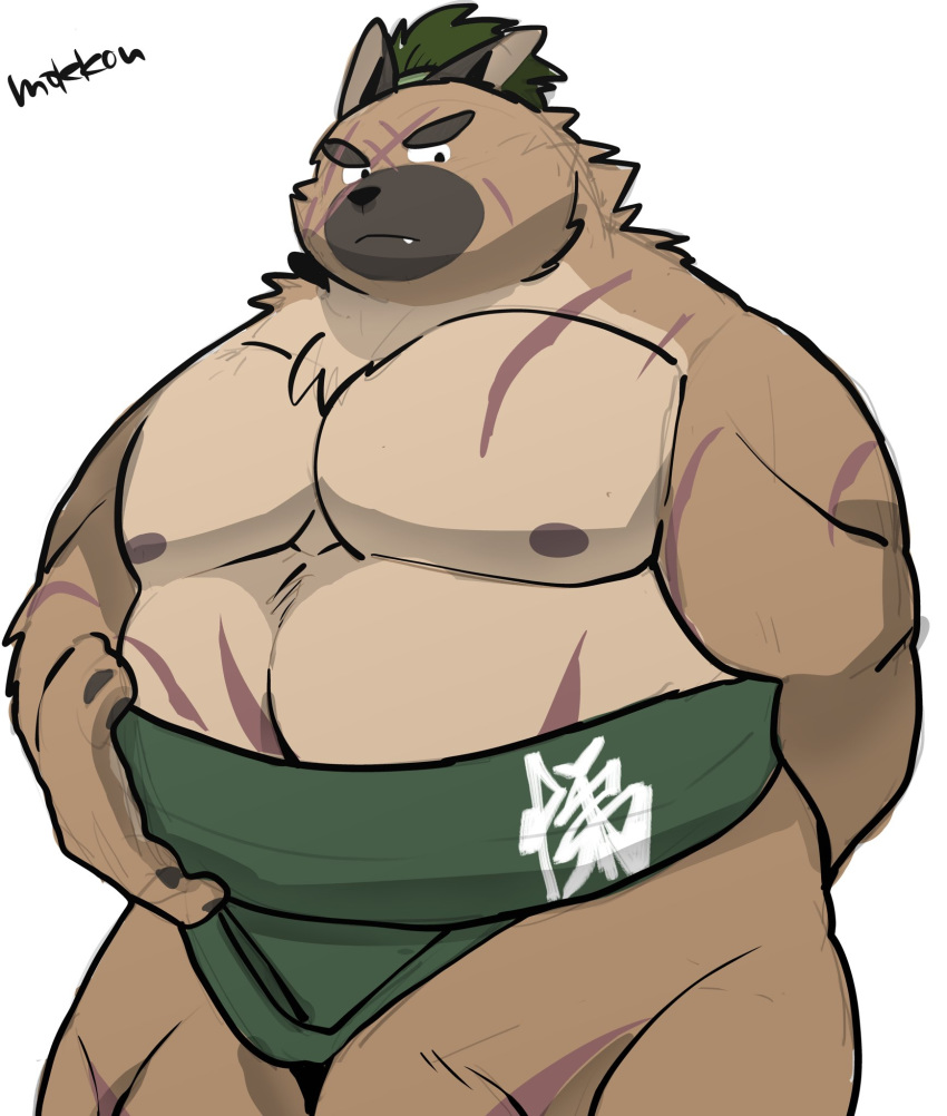 2020 anthro belly brown_body brown_fur canid canine canis cute_fangs domestic_dog fur hi_res kemono male mammal moobs nipples overweight overweight_male simple_background solo sumo tokyo_afterschool_summoners uokkom video_games white_background yasuyori